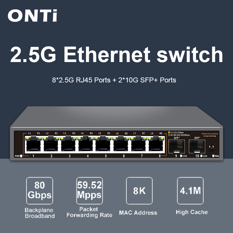 8 Port 2.5G Switch Unmanaged - ONTi 2.5G Sakelar Ethernet Tidak Terkelola