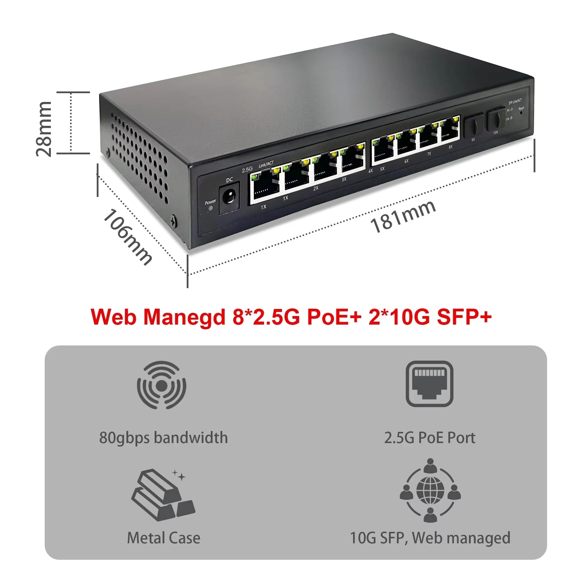 10G Sfp+ Switch 8 Port - 2.5G Switch PoE yang Dikelola Secara